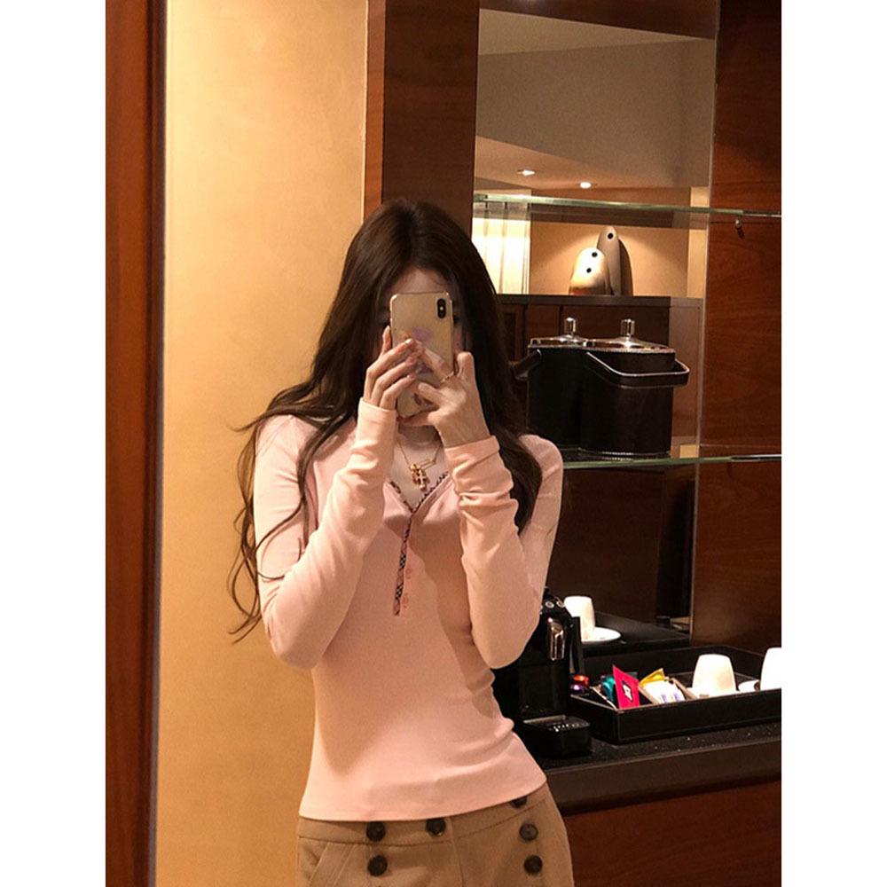 Korean Sweet Pink V-Neck Button Long Sleeve Women s Slimming Top for Autumn/Winter S