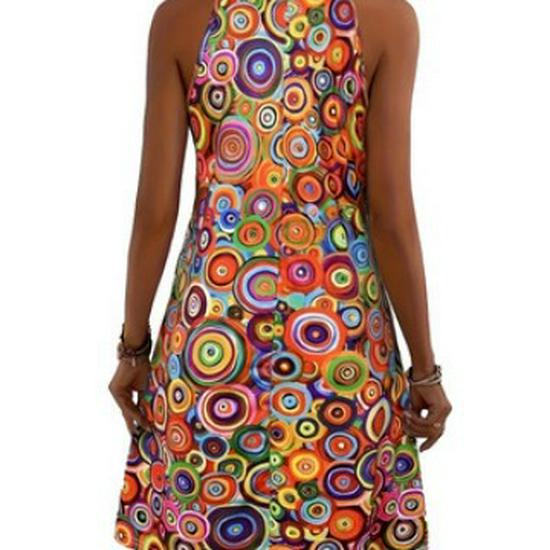 Bohemian Halter Neck Sleeveless A-line Dress with Colorful Spiral Print