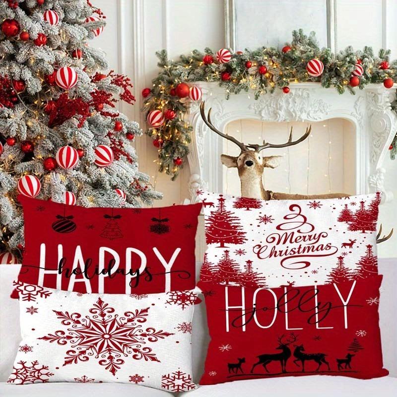 1PCS Christmas Red & White Pillowcases: Merry, Holly, Happy Holidays! Sofa Bed Cushion Cover, New Year Home Decoration