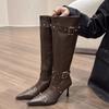 Studded Metal Buckle High Boots Autumn New Pointed Toe Zip Stiletto Heel Women'S Single Shoes