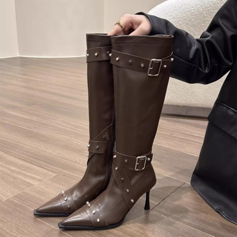 Studded Metal Buckle High Boots Autumn New Pointed Toe Zip Stiletto Heel Women'S Single Shoes