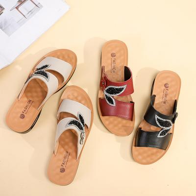 New Mother Shoes Slippers Summer Leather Soft Sole Non-slip Slope Heel Outside Wear Air Cushion Massage Bottom Middle-aged and Elderly Cool