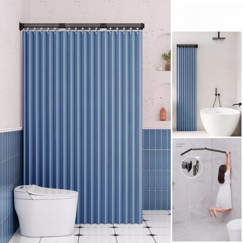Foldable Shower Curtain Rod for Bathroom and Toilet, No Need To Drill Holes, Dry-wet Separation, C-shaped Waterproof Shower