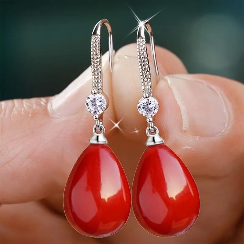 Exquisite Mode Silberfarbe Wasser Imitationsperlen Hängeohrringe für Damen Glänzende Rote Grüne Runde Ohrringe Schmuck Geschenk 2025