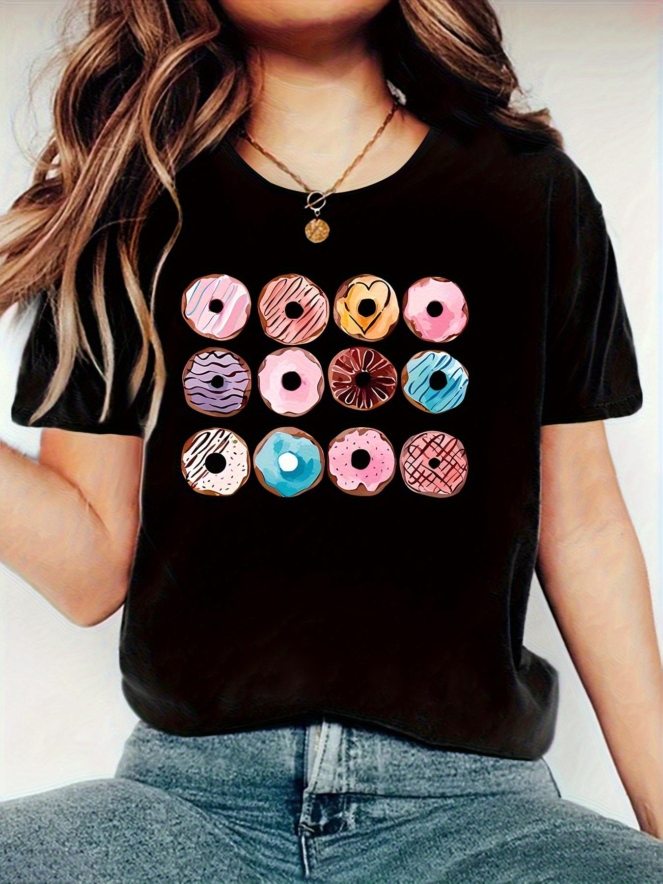 

WomenS Casual Summer Breathable Fiber Washable Round Neck PrintedShirt Women Cartoon Donut PatternShirt Aesthetic Clothes S