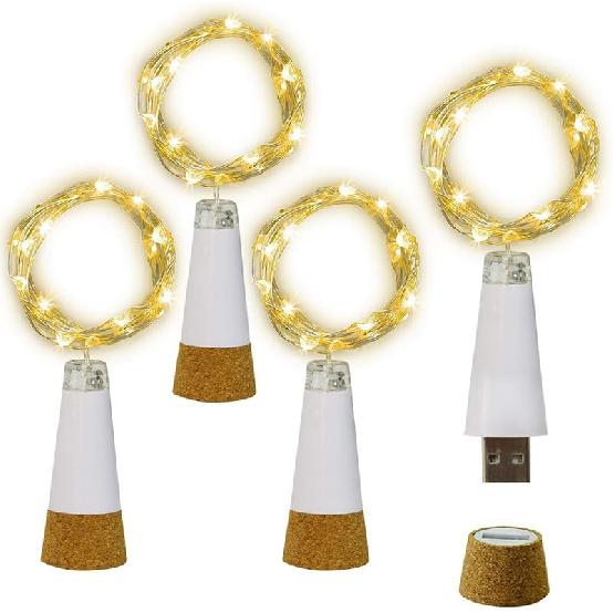 NeoJoy Rechargeable Wine Bottle Lights, LED Cork Lights USB Fairy String Lights Parties Decoration, Warm White Warm White, 4PCS