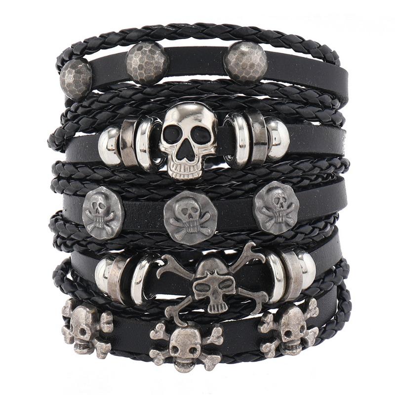 Hot Sale 5 Pieces/Set Punk Style Handwoven Retro Fashion Skull Alloy Accessories Leather Bracelet
