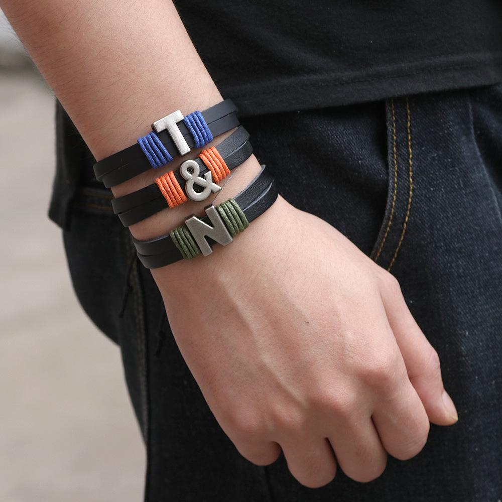 Handmade Woven Leather Bracelet with English Letter Charms