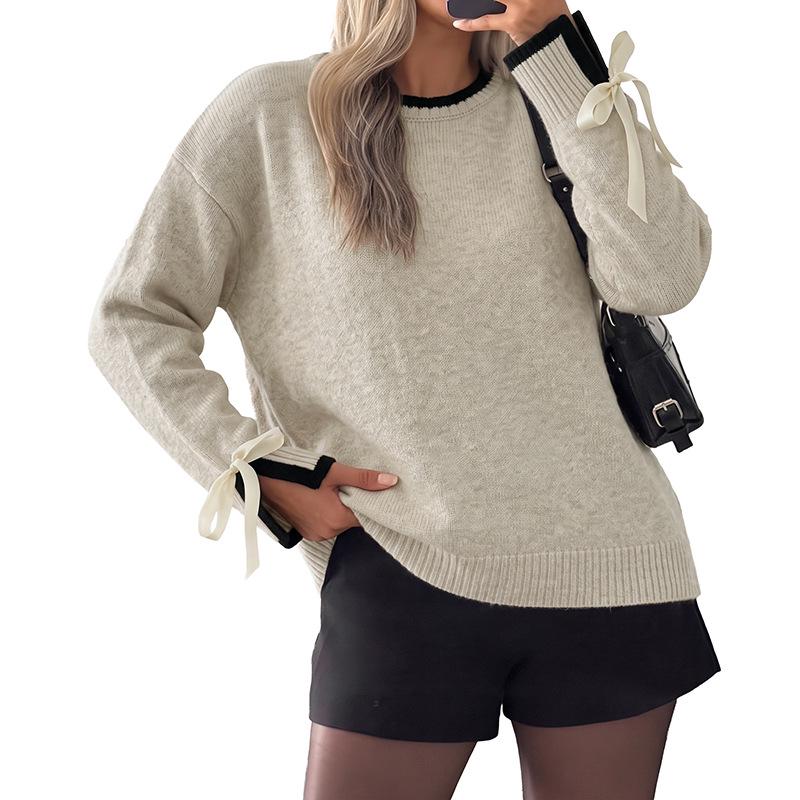 European 2026 Autumn/Winter Color Block Bow Cuff Sweater for Women