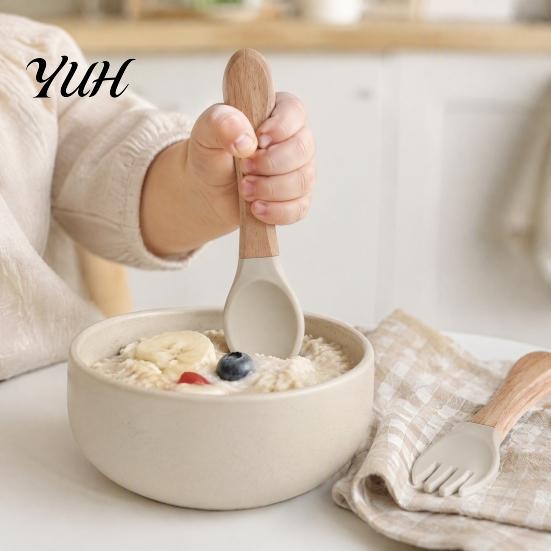 Soft Silicone Tip Spoons Baby Led Weaning Spoon And Fork Set, Utensils Supplies with Wooden Handles, Toddler Self-Feeding Tableware, BPA-Free