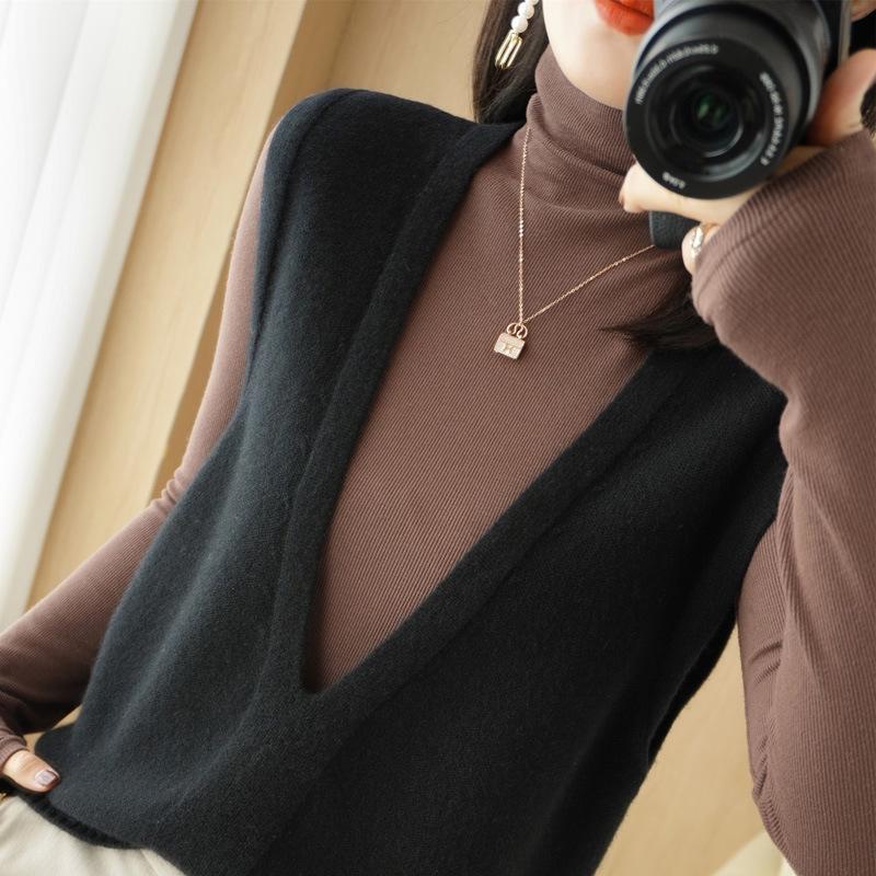 Women's V-neck Knit Vest - Korean Style Wool Blend Shawl for Autumn/Winter
