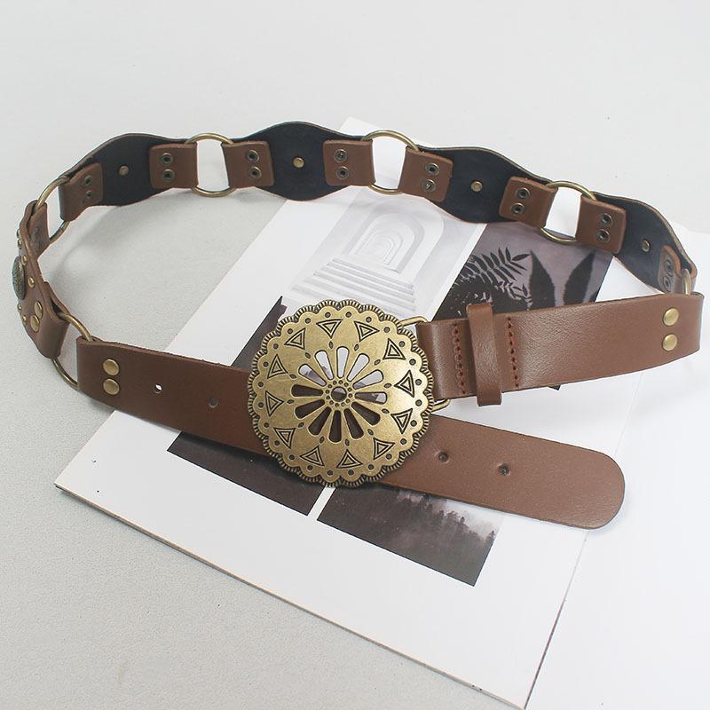 Flash sale: vintage-inspired sunflower buckle belt - unique brown leather