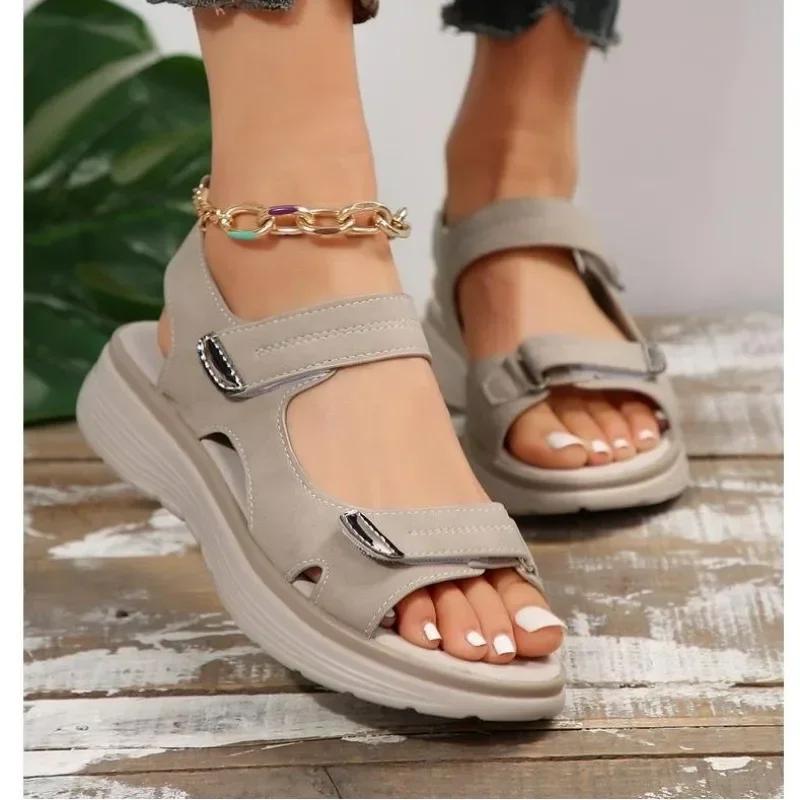 Nové značkové háčkované sandály pro ženy Summer Leather Lehké ležérní boty na klínku na platformě Modré dívčí venku protiskluzové plus vel. 43