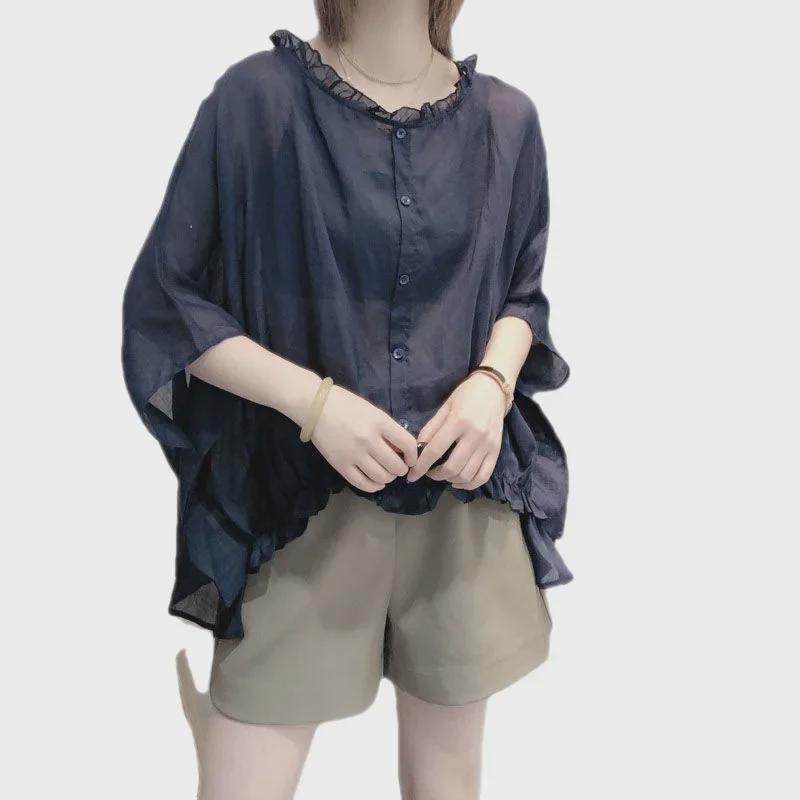 2021 New European-Style Women's Bat Sleeve Imitation Linen Summer Top