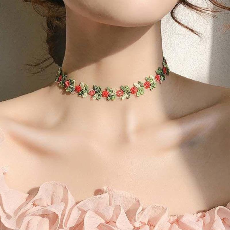 Embroidered two-color floral fabric, lace satin ribbon, DIY sewing, collarbone chain, , clothing accessories