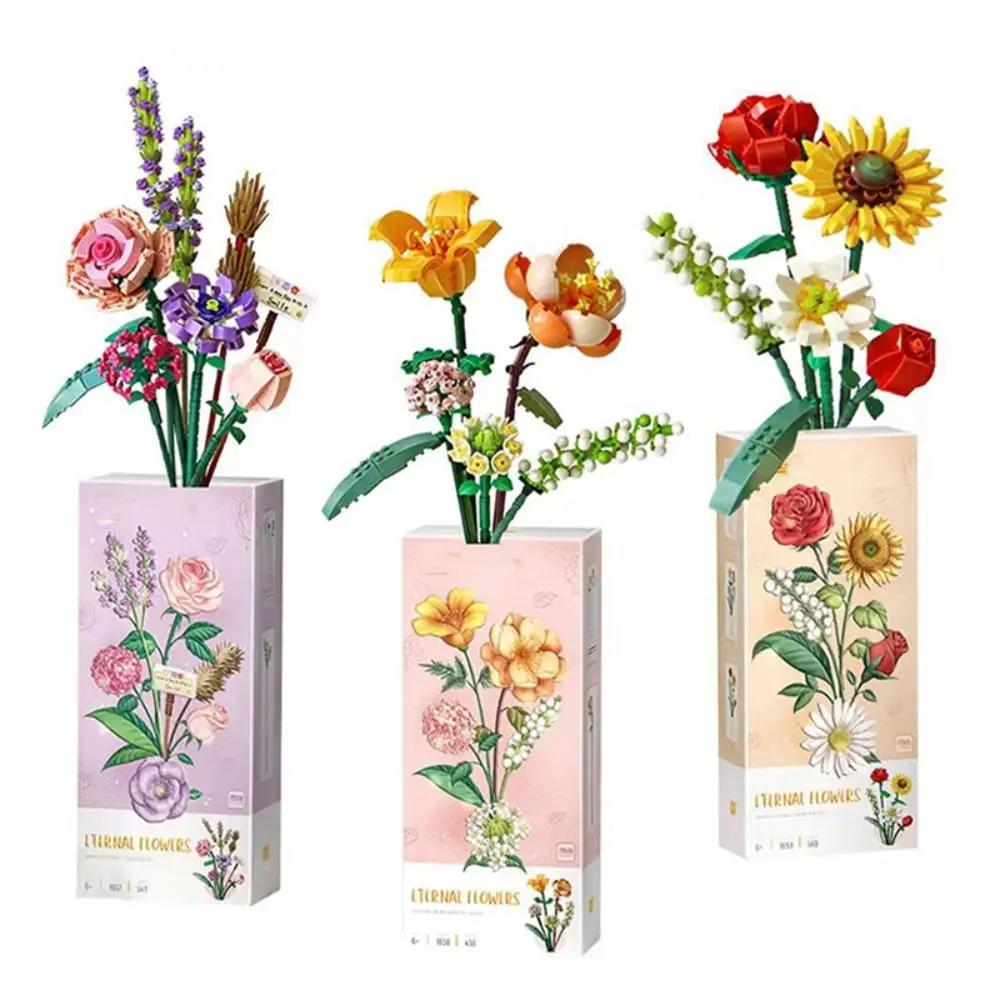 Romantic Rose Flowers Bouquet Building Blocks Sunflower Model Bricks Creative Desktop Decoration Kid Diy Toy Girl Birthday Gifts