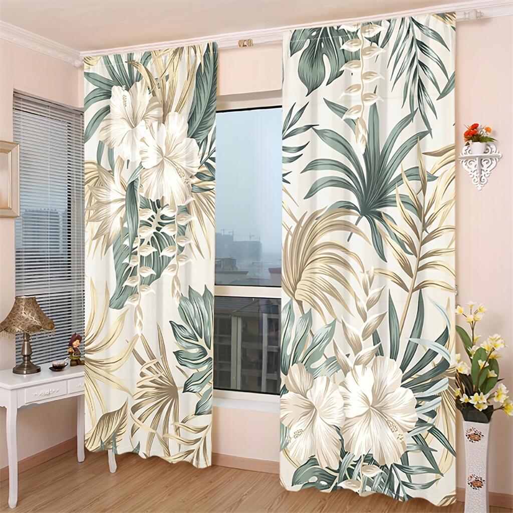 Nordic Fresh Green Leaves Print Curtains Modern Botanical Window Drapes 2 Panels Living Room Bedroom Curtains