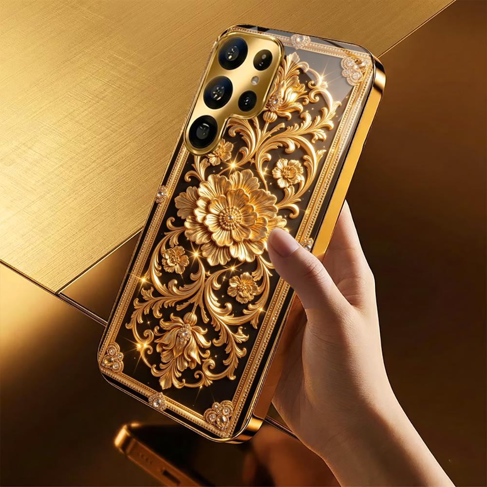 Golden vintage flowers phone case glass s26 ultra case s25 ultra case for Samsung Galaxy S26 S25 S24 S23 S22 FE Ultra Plus