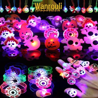 Glowing Christmas Necklace and Halloween Brooch Set with Flashing Watch and Ring