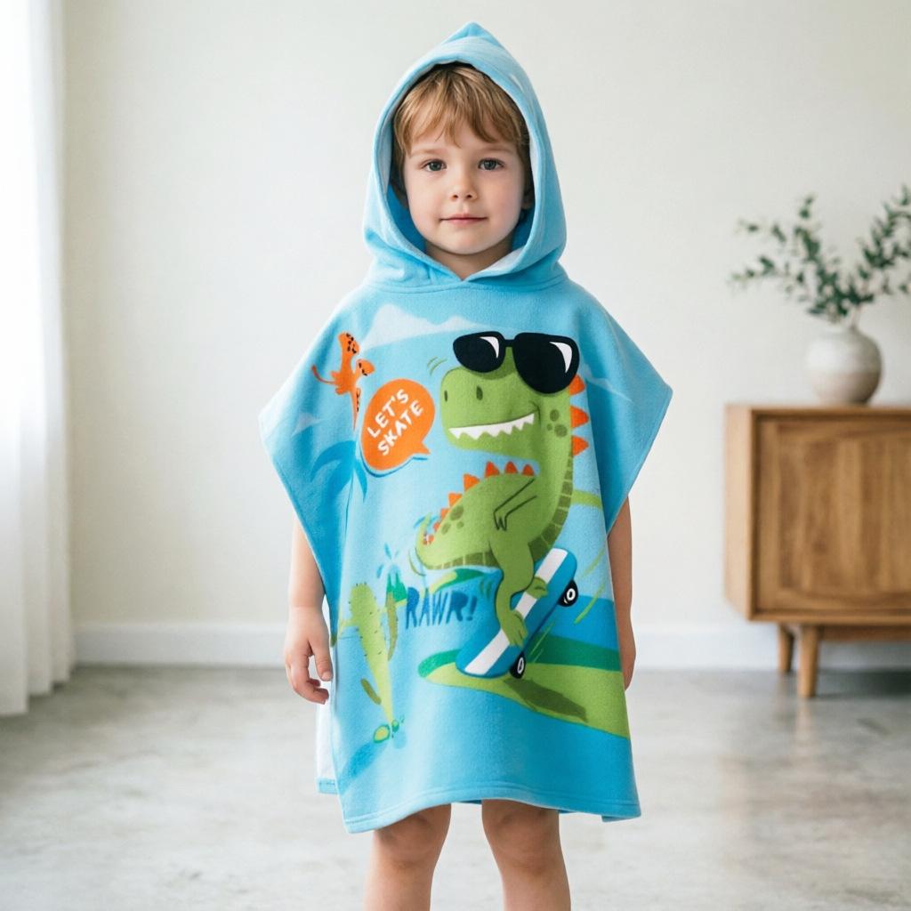 Ultra-Fine Fiber Cartoon Print Kids' Hooded Bath Towel Poncho