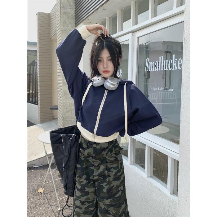 Korean Color Block Hooded Sweatshirt Jacket for Women - Autumn 2023: Short Drawstring Zipper Long Sleeve Top