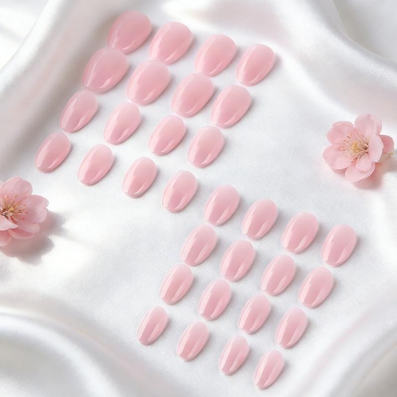 32Pieces/Set Short Oval Press On Nail Glossy Pink Fake Nail ABS Build Natural Looking Manicure Set For Women Party