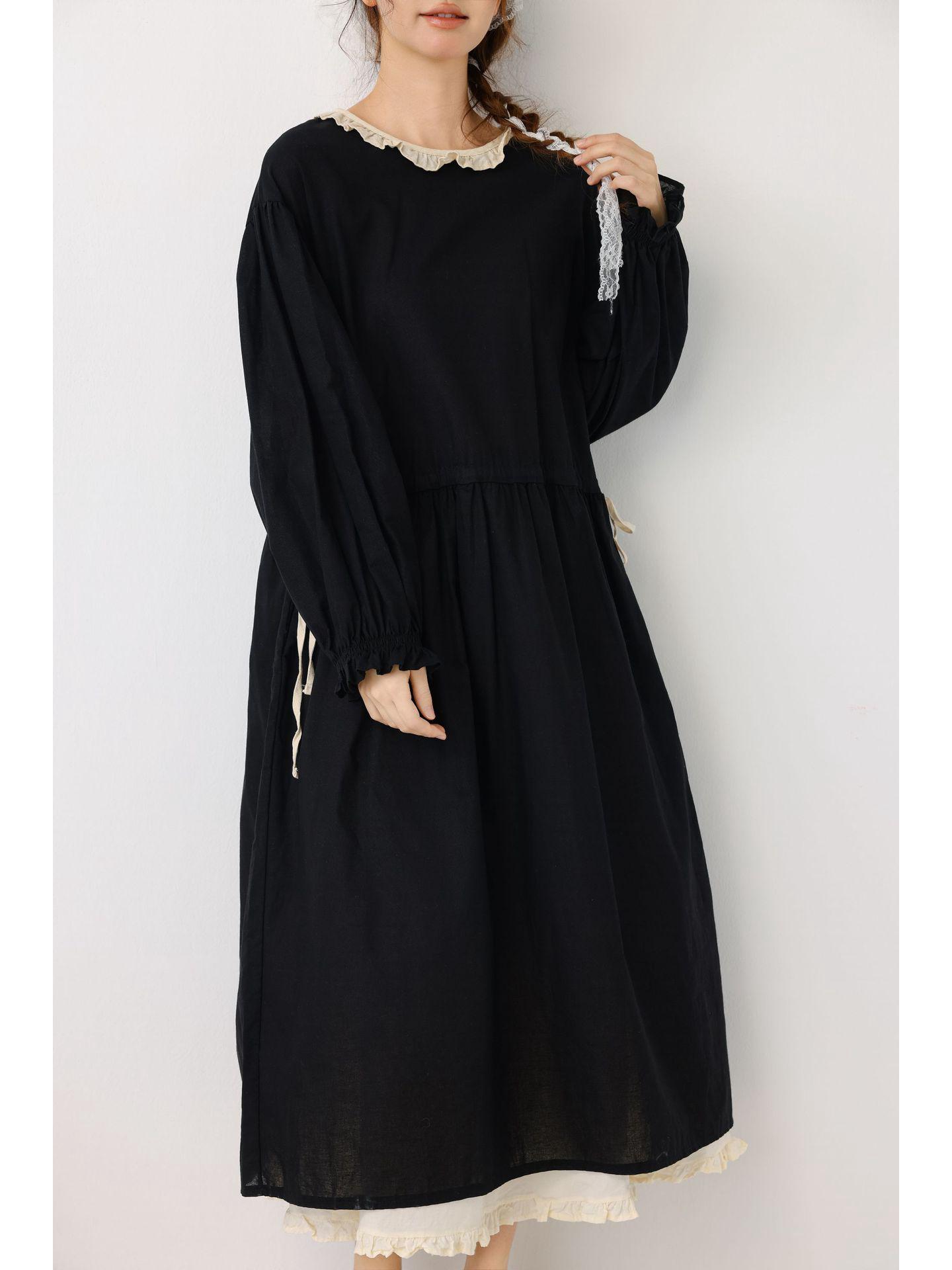 

2026 Spring Mori Style Linen Wood Ear Collar Long Sleeve Casual Dress One Size чорний