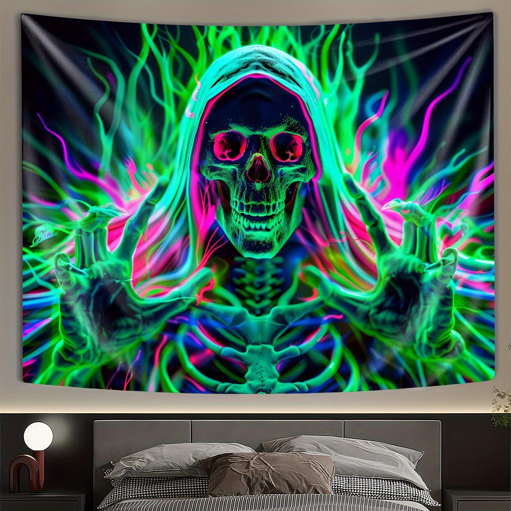 VIKAMA Neon Skull Tapestry Red Eye Hooded Colorful Bedroom Dormitory Gothic Decorative Art Wall Background