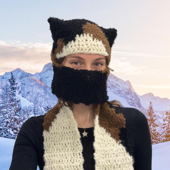 Knitted Hat Tri-Color Cat Design Warm Crochet Winter Scarf Hat Outdoor Activities
