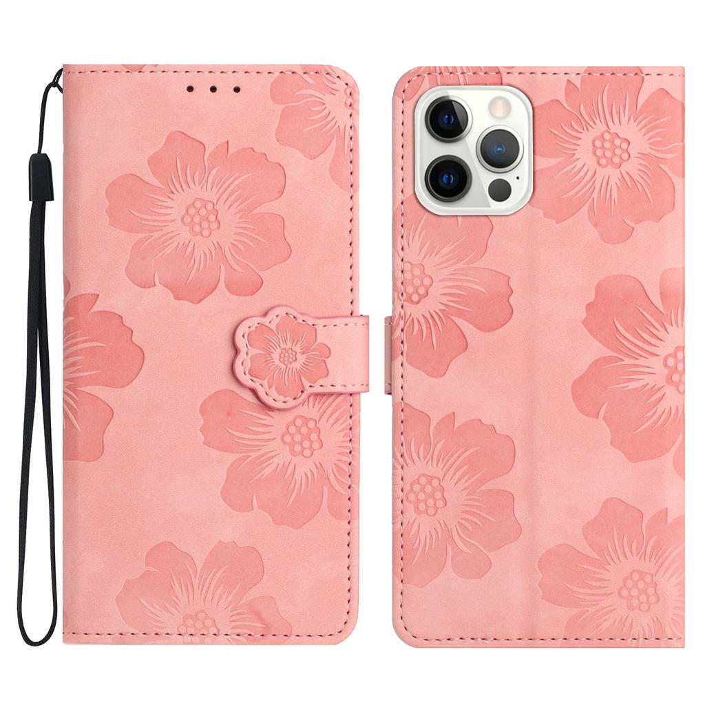 For iPhone 16 Pro Case Flower Design Leather Flip Phone Cover with Card Holder Wrist Strap