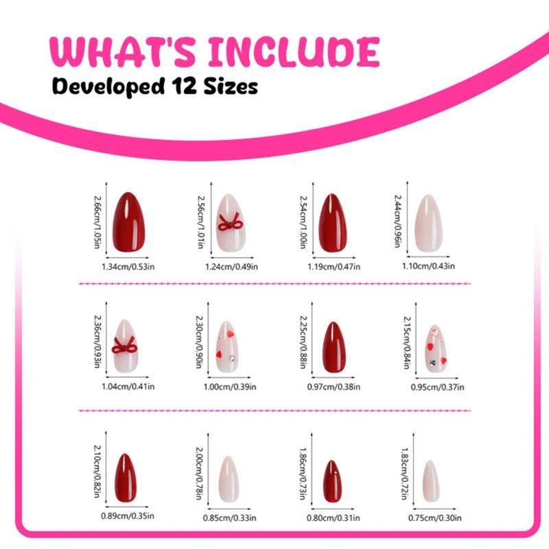 24 Pcs Heart Acrylic Nail with Rhinestones Valentines Day False Nail French Tip Stick on Nail 3D Bows Press On Nail