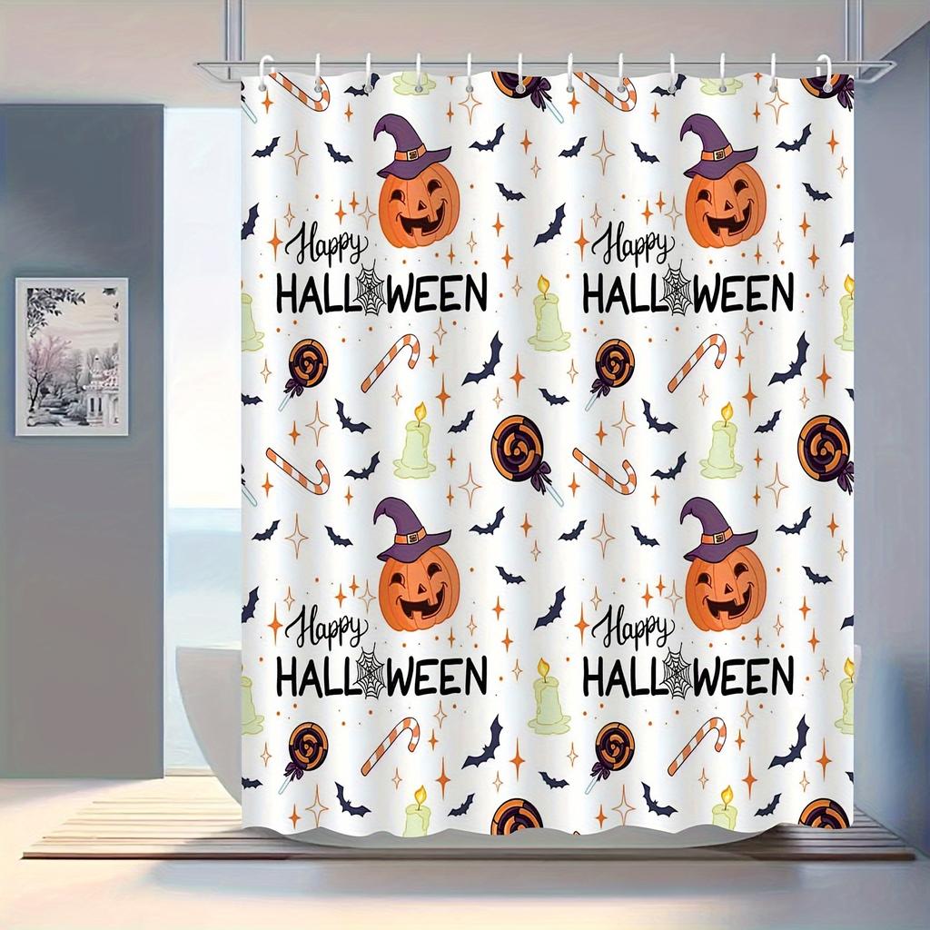 Halloween Witch Hat & Pumpkin Shower Curtain, Waterproof & Anti-Fog Polyester, Knit Weave, Arts & Holiday Decor