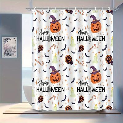 Halloween Witch Hat & Pumpkin Shower Curtain, Waterproof & Anti-Fog Polyester, Knit Weave, Arts & Holiday Decor