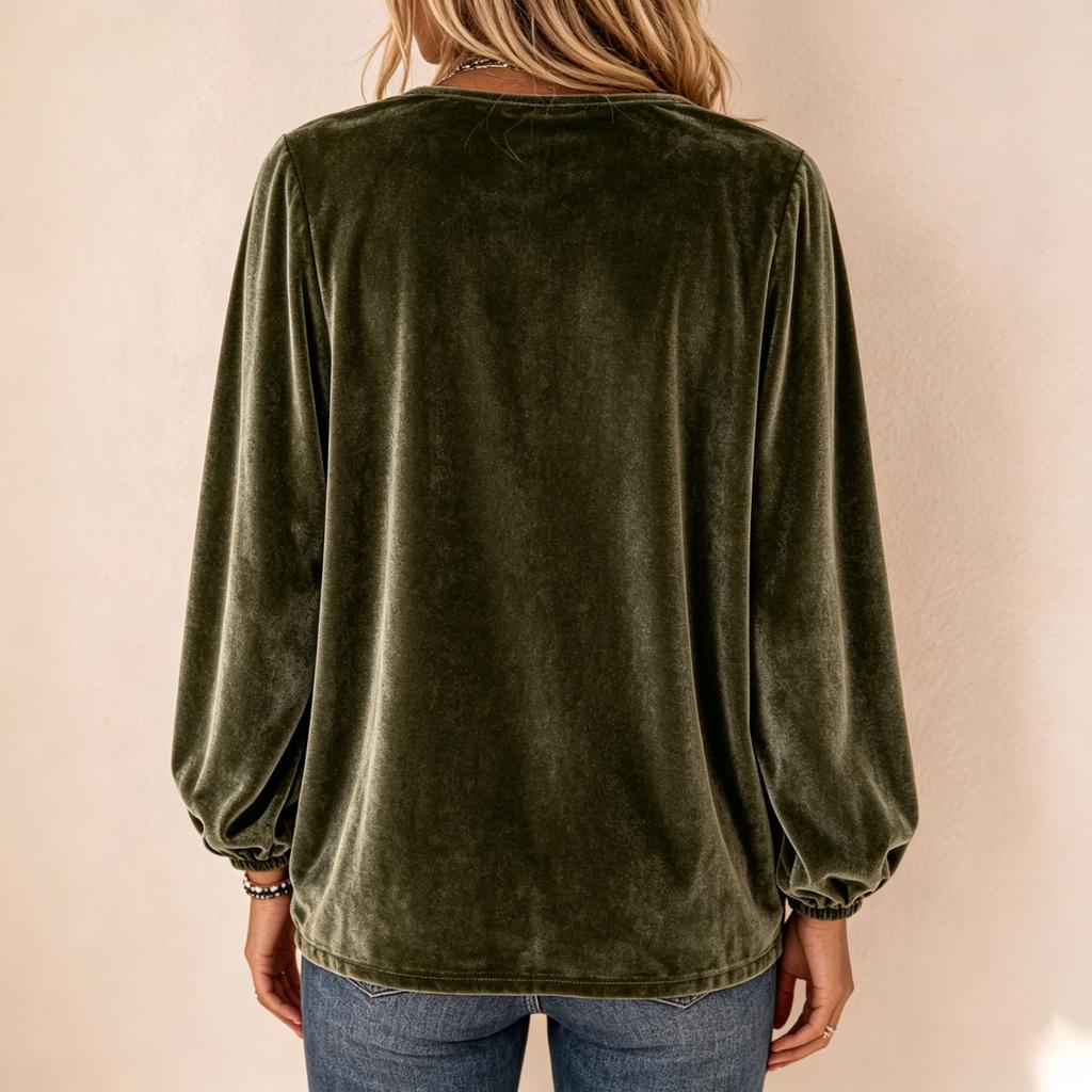 Women's Velvet V-Neck Zipper Long Sleeve Top, Fashion Casual Blouse
