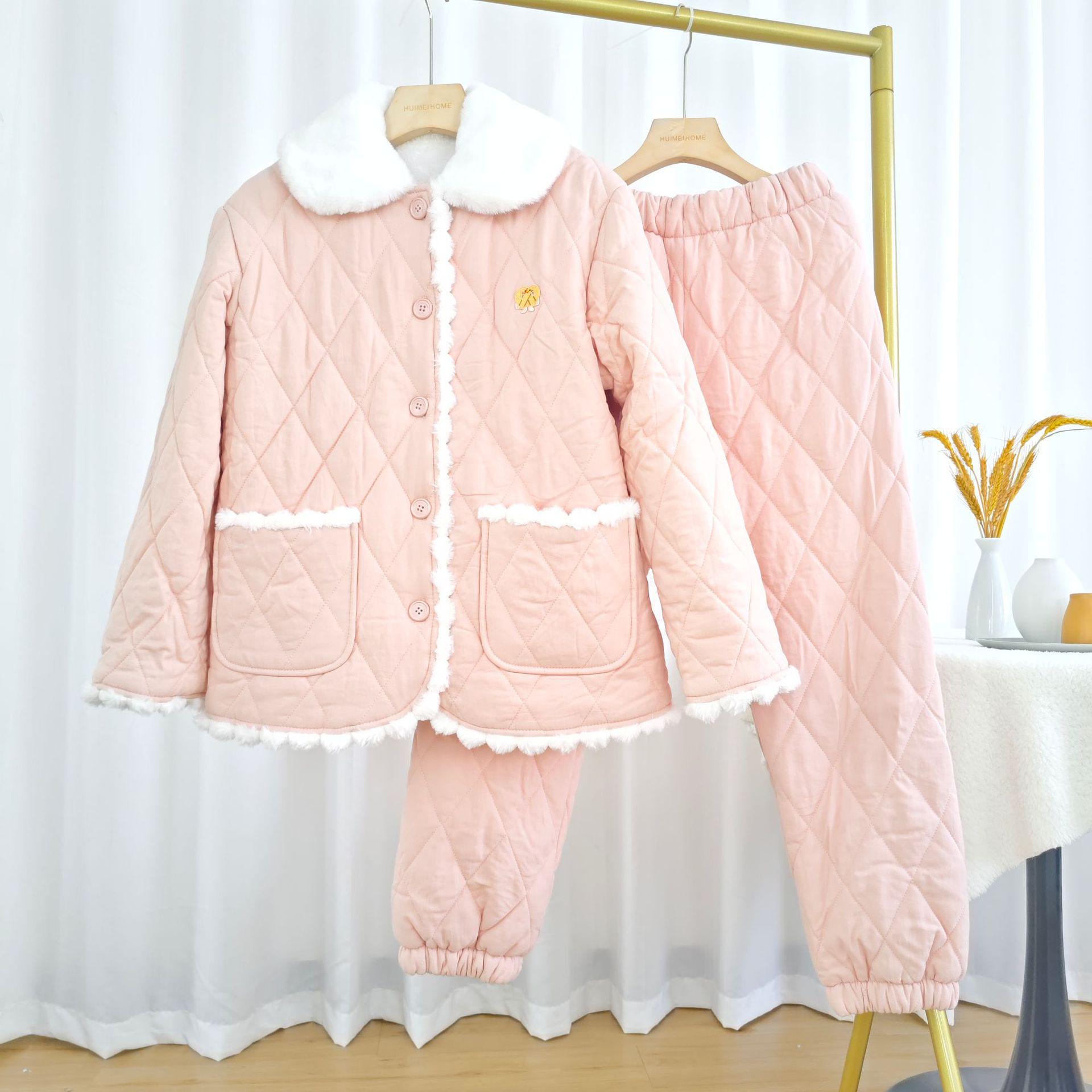 

Coral Fleece Quilted Three-Layer Pajama Set for Women - Thick, Warm Flannel Winter Homewear L (105-125 lbs)