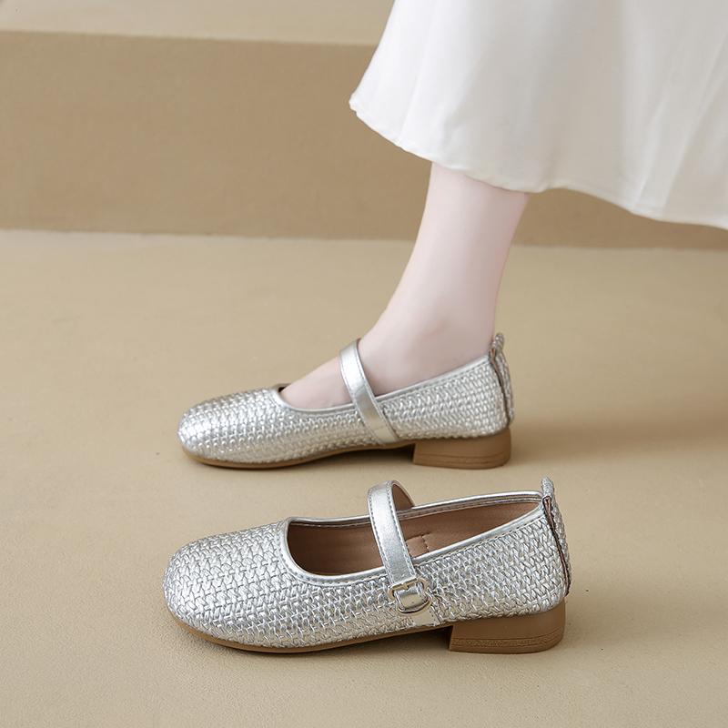 Summer 2025 Soft Leather Woven Fashionable and Elegant Single Shoes Women's Shoes Buckle Lightweight Comfortable
