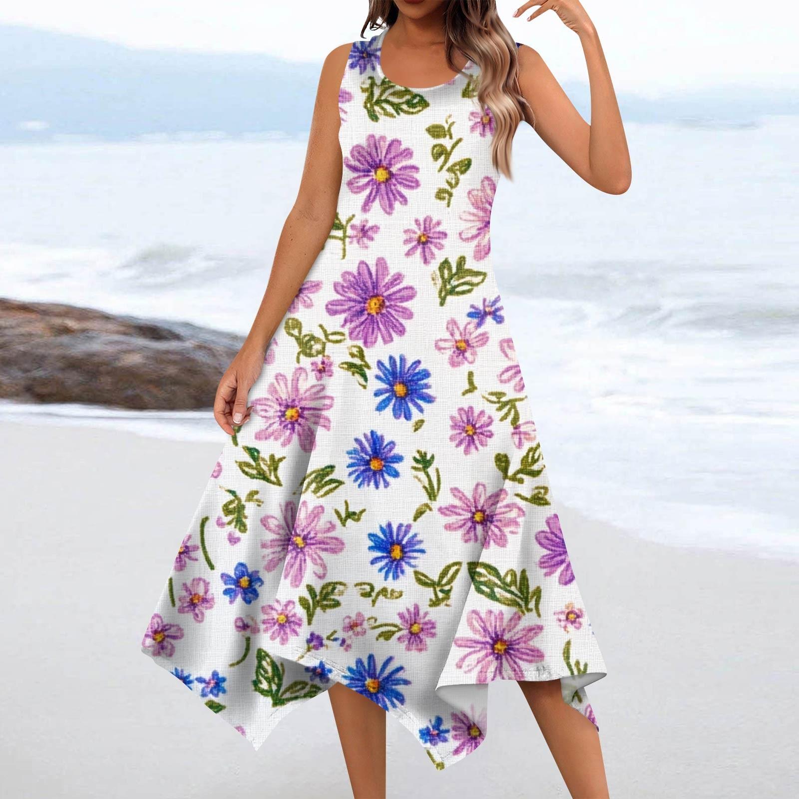 

Women s Summer Fashion Round Neck Sleeveless Floral Print Irregular Hem Midi Dresses S фіолетовий