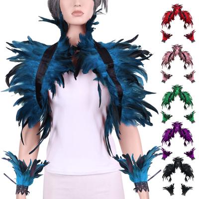1 Set Fake-Halsband mit Handgelenkring, Federschal im Gothic-Stil, Imitation von Federn, ausgehöhlte Spitze, Unisex, Bühnenshow, Halloween, Cosplay, Schulterschal