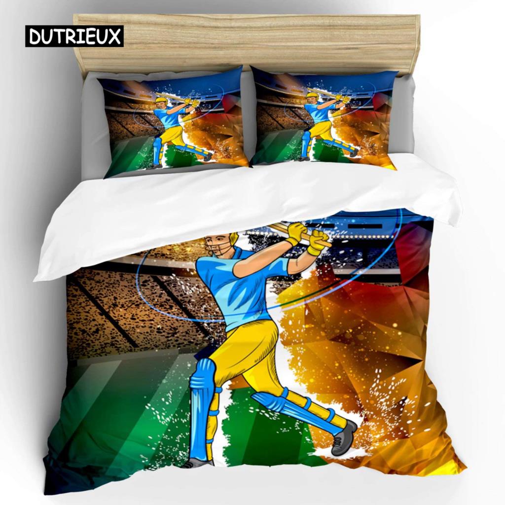 Cricket Duvet Cover Set Abstract Sports Pattern Bedding Set Microfiber Player Playing Game of Cricket Double Queen Quilt Cover