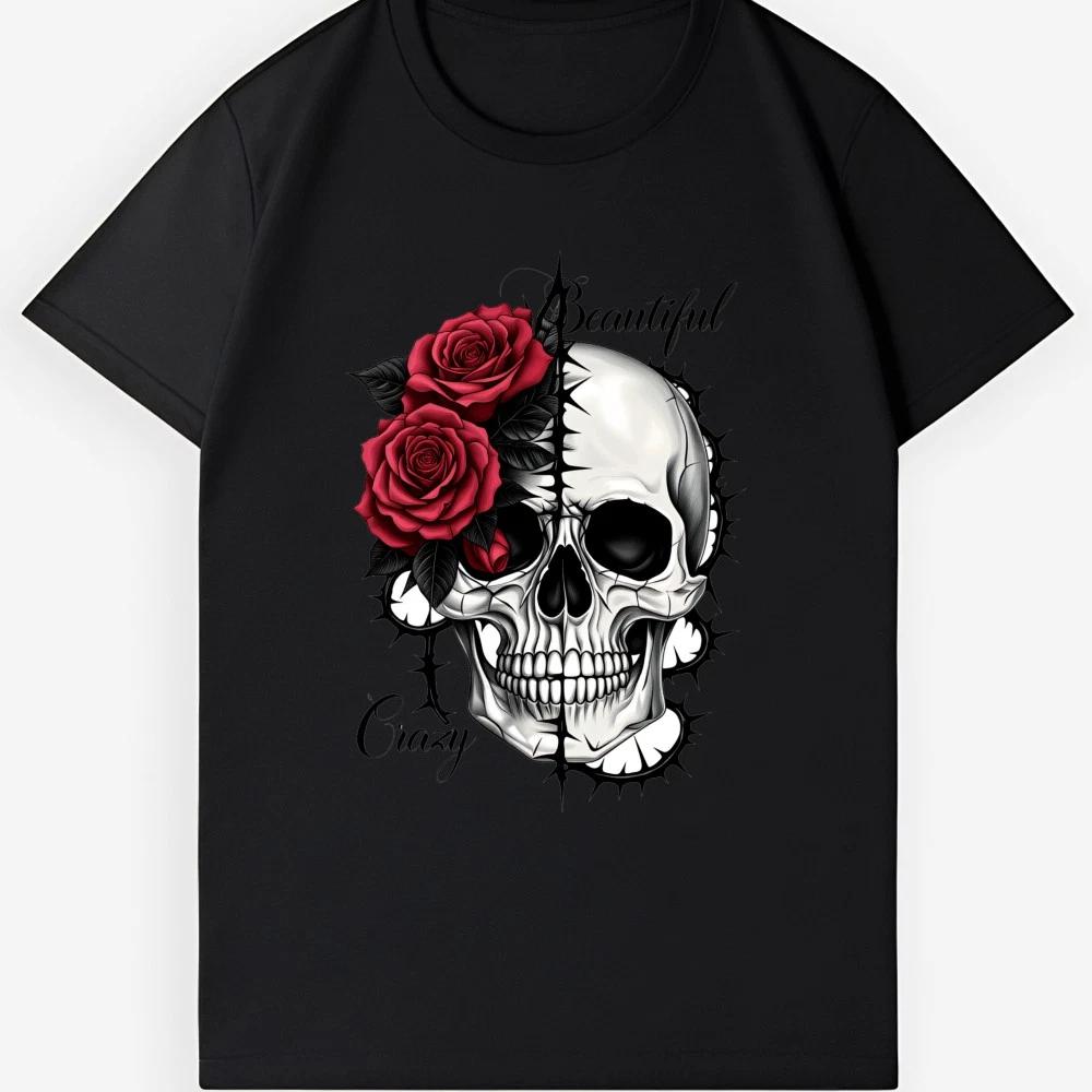 Beautiful Crazy Rose Skull Print T-Shirt Gothic Unisex Casual Tee for men women XL