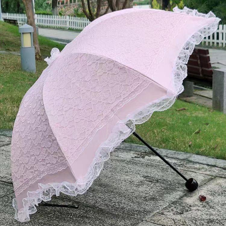 Women Lace Umbrella Double Layer Three-fold Windproof Female Princess Parasol Cute Sunscreen Anti UV Wedding Sunshade