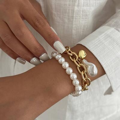 Salircon Fashion Baroque Imitation Pearl Bead Pendant Bracelet Women Exquisite Handmade Metal Bangle Bridal Wedding Jewelry Gift