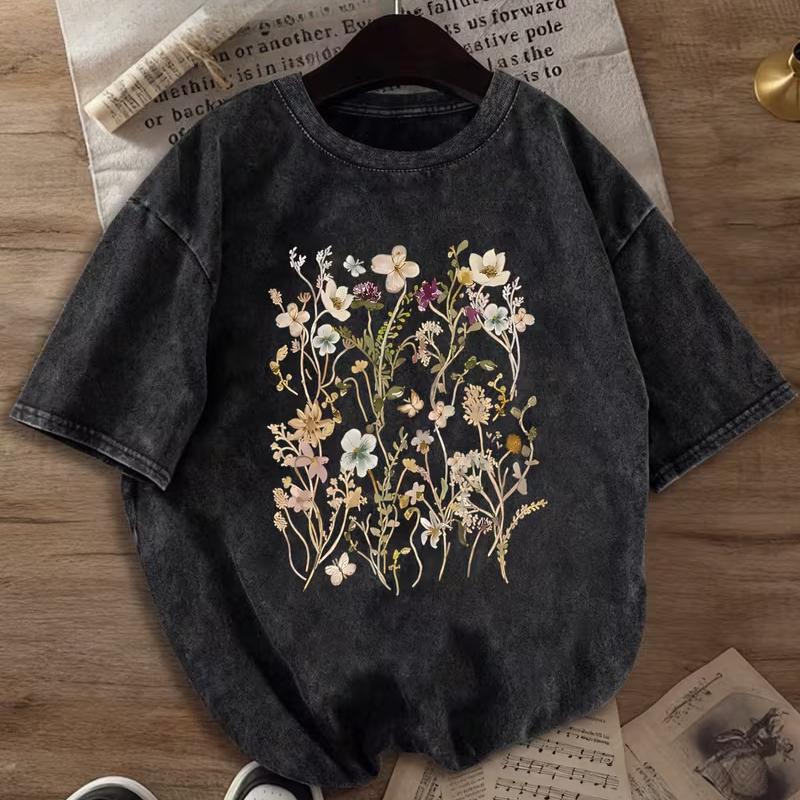 Minimalist Floral Printed Tshirt Ladies Daily Casual Round Neck Tshirt Large Retro Washed Black Tshirt Unisex Tee S
