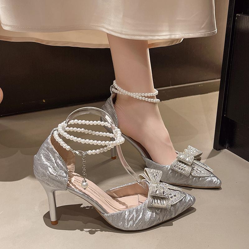 Fashion Temperament High Heels Women Summer New Pointed Toe Shallow Mouth Rhinestone Bow Beaded Non-slip Stiletto Sandals