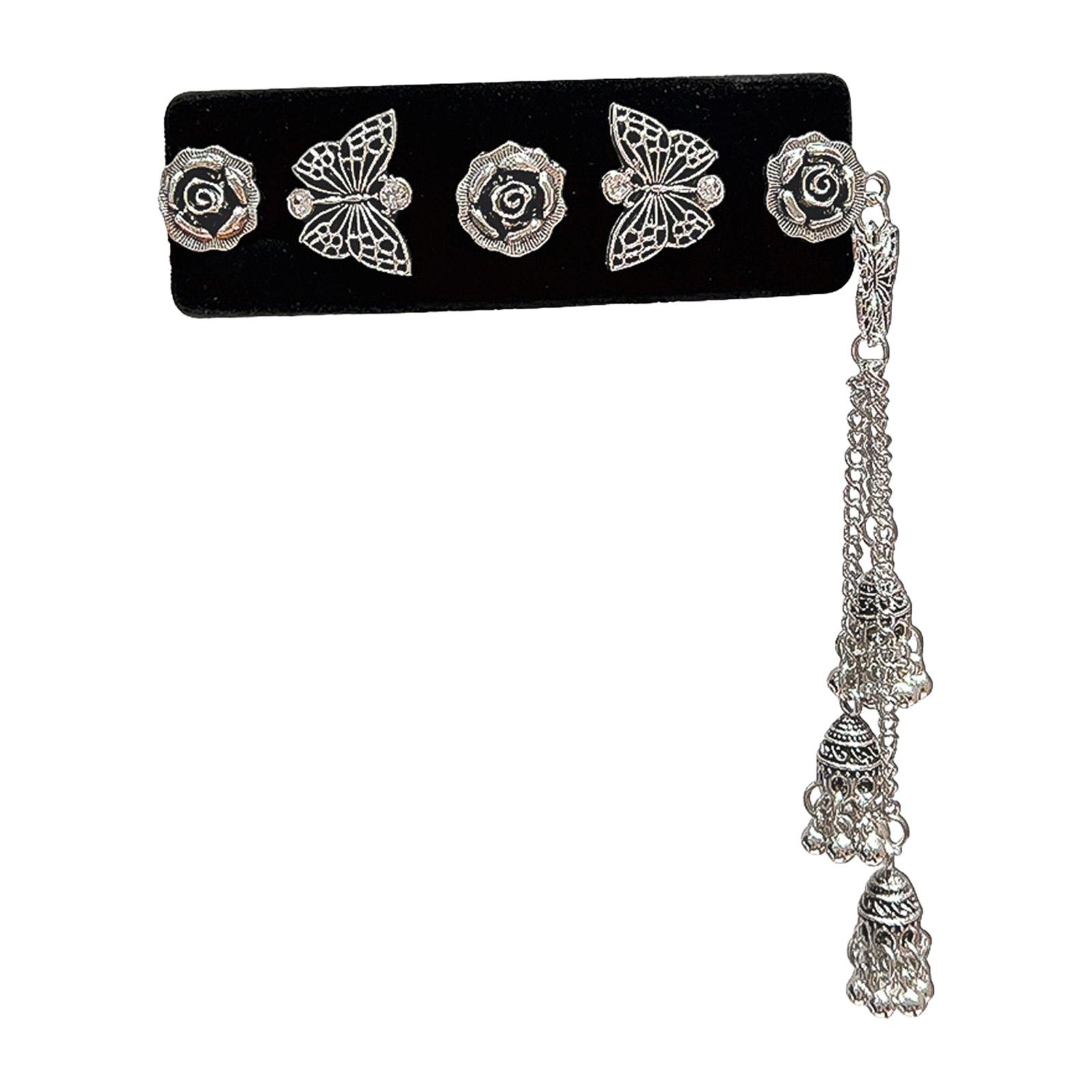 

Black Velvet Hair Barrette with Silver-Flower & Butterfly Charm, Tassel Accent Elegant Hair Clip for Women
