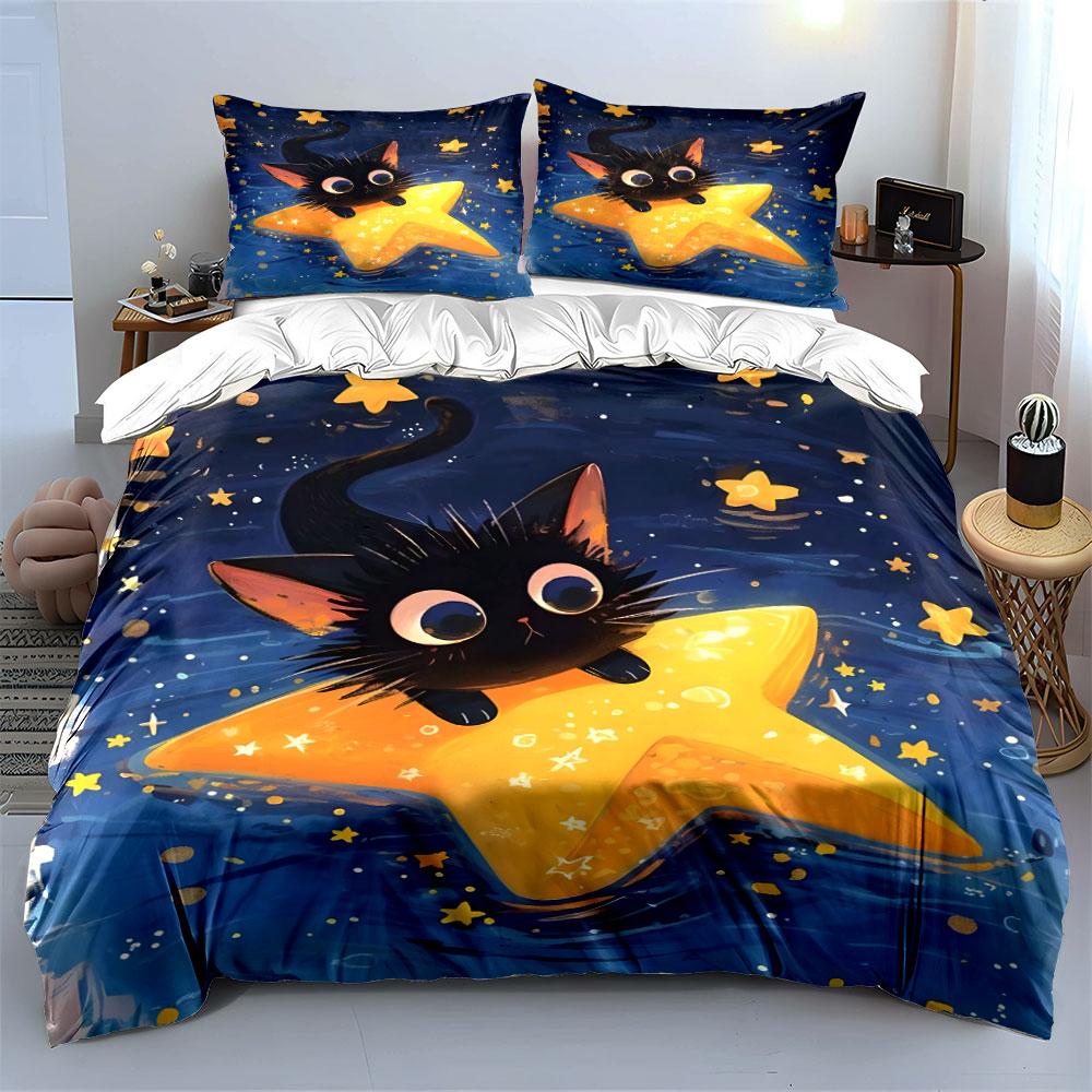 "Starry Night Cat Decor Set" Bedding Set with 1 Duvet Cover 2 Pillowcases Single Double King Queen, Gift