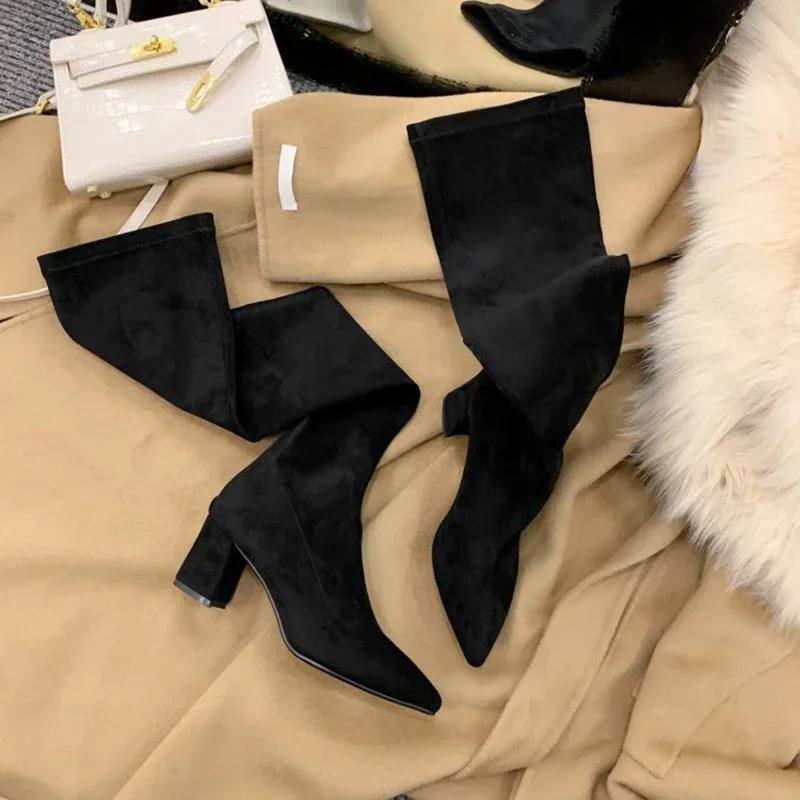 

Новые эластичные женские сапоги выше колена, модные застежки-молнии сзади, тонкие длинные сапоги, осенне-зимние туфли на высоком каблуке 35 чёрный