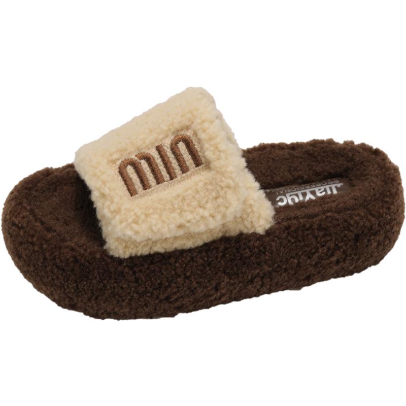 Black retro non-slip thick-soled fluffy slippers for women's outer wear 2025 new autumn and winter versatile soft-soled one-word drag shoes