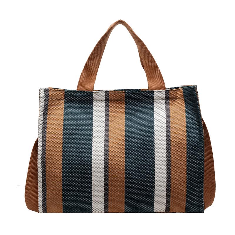 Women's Large Capacity Striped Canvas Tote Bag - Casual Shoulder Handbag