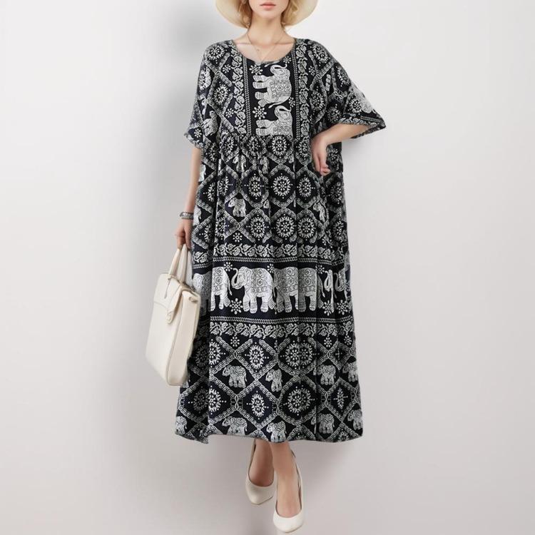 Neues Sommerliches Blumen-Maxikleid für Damen Übergröße Vintage-Stil Locker O-Ausschnitt Kurzarm Urlaubs-Kleid